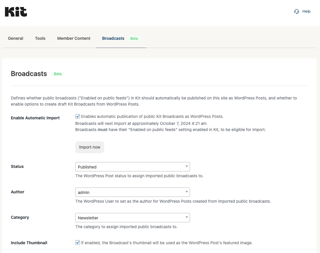 Kit Broadcasts import settings in the WordPress plugin showing configuration options for automatic import schedule, post author, category assignment, and import status