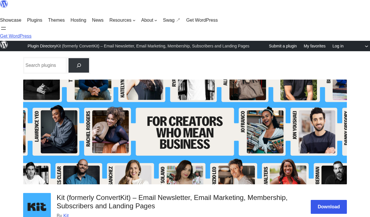 Kit (formerly ConvertKit) WordPress plugin listing on WordPress.org showing plugin name, 40,000 plus active installs, 4.8 out of 5 stars rating, version 3.3.9, last updated August 19, 2026