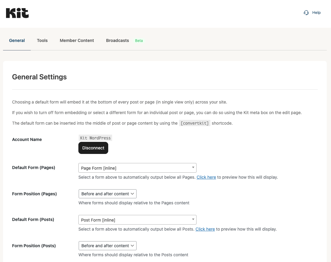 Kit plugin Settings page in WordPress admin showing the default form selector dropdowns for Posts and Pages