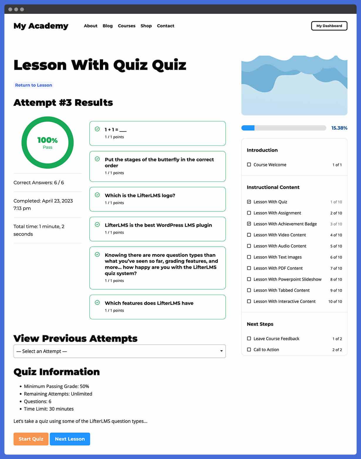 LifterLMS Course Builder showing the drag-and-drop interface with sections, lessons, and quizzes organized in a visual hierarchy