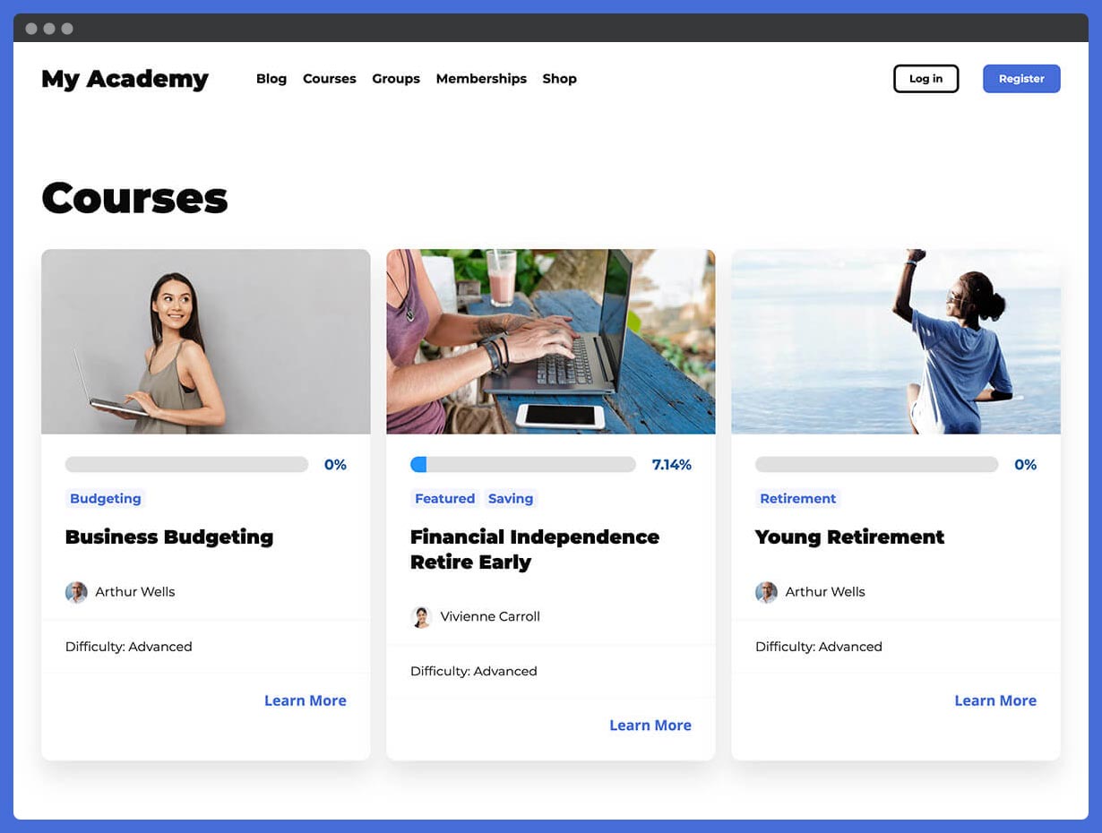 Course catalog view in LifterLMS showing customizable course listings with featured images, instructor information, and enrollment details