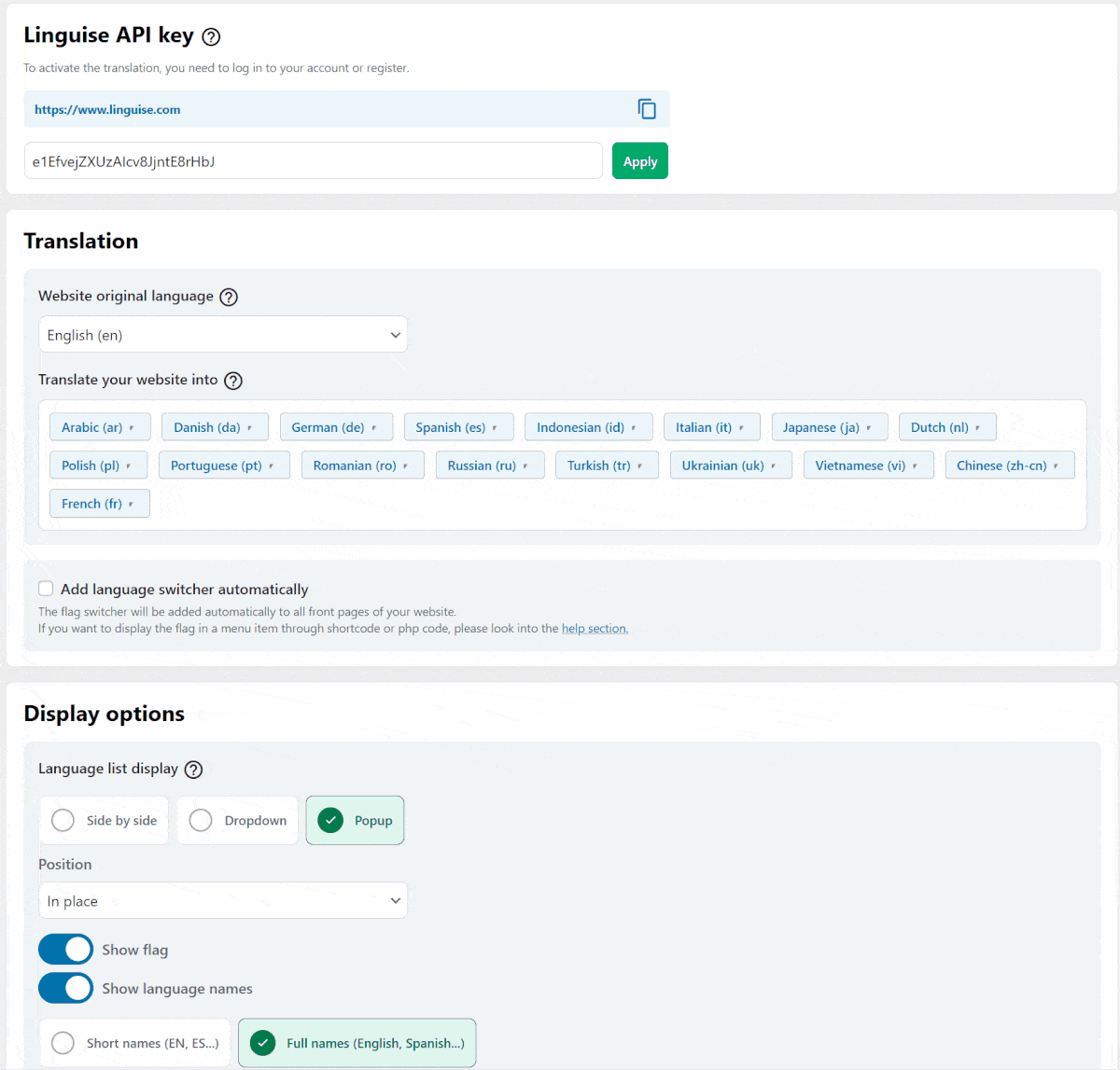Linguise dashboard showing translation management and language settings