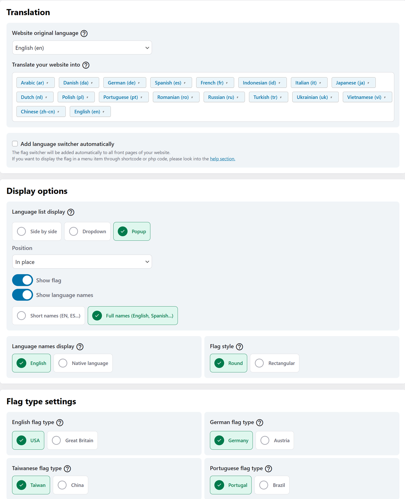 Linguise language switcher configuration options in the WordPress plugin settings