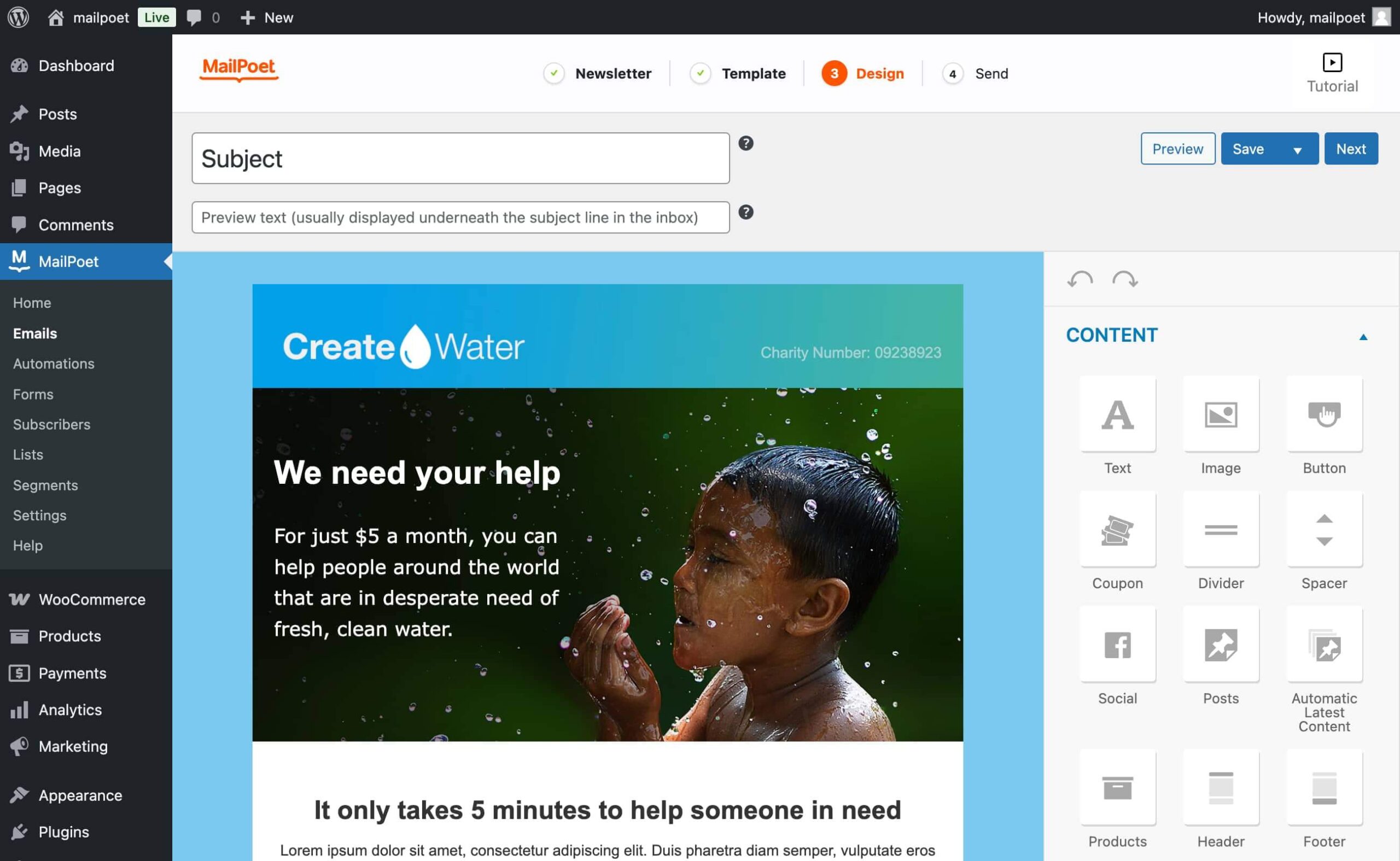 MailPoet drag-and-drop email designer in WordPress admin with a live preview of a newsletter layout