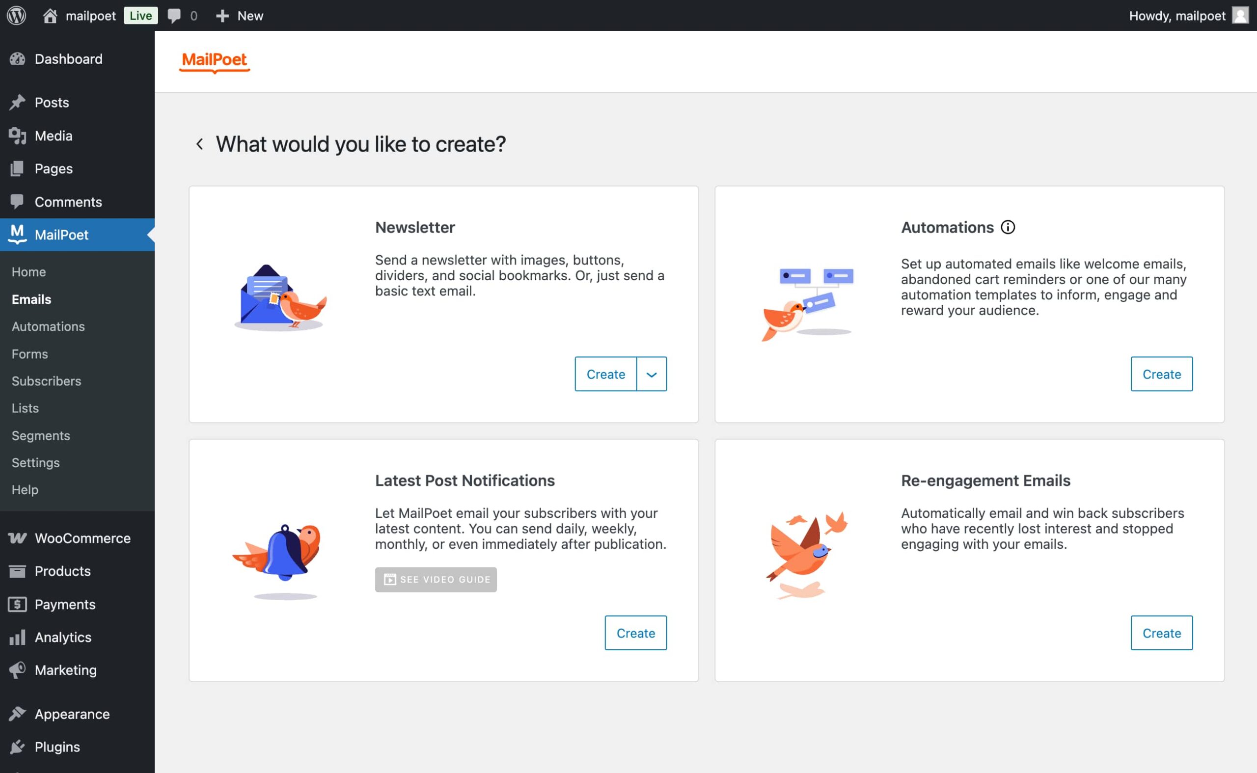 MailPoet email types screen showing Newsletters, Post Notifications, Welcome Emails, and WooCommerce Emails categories