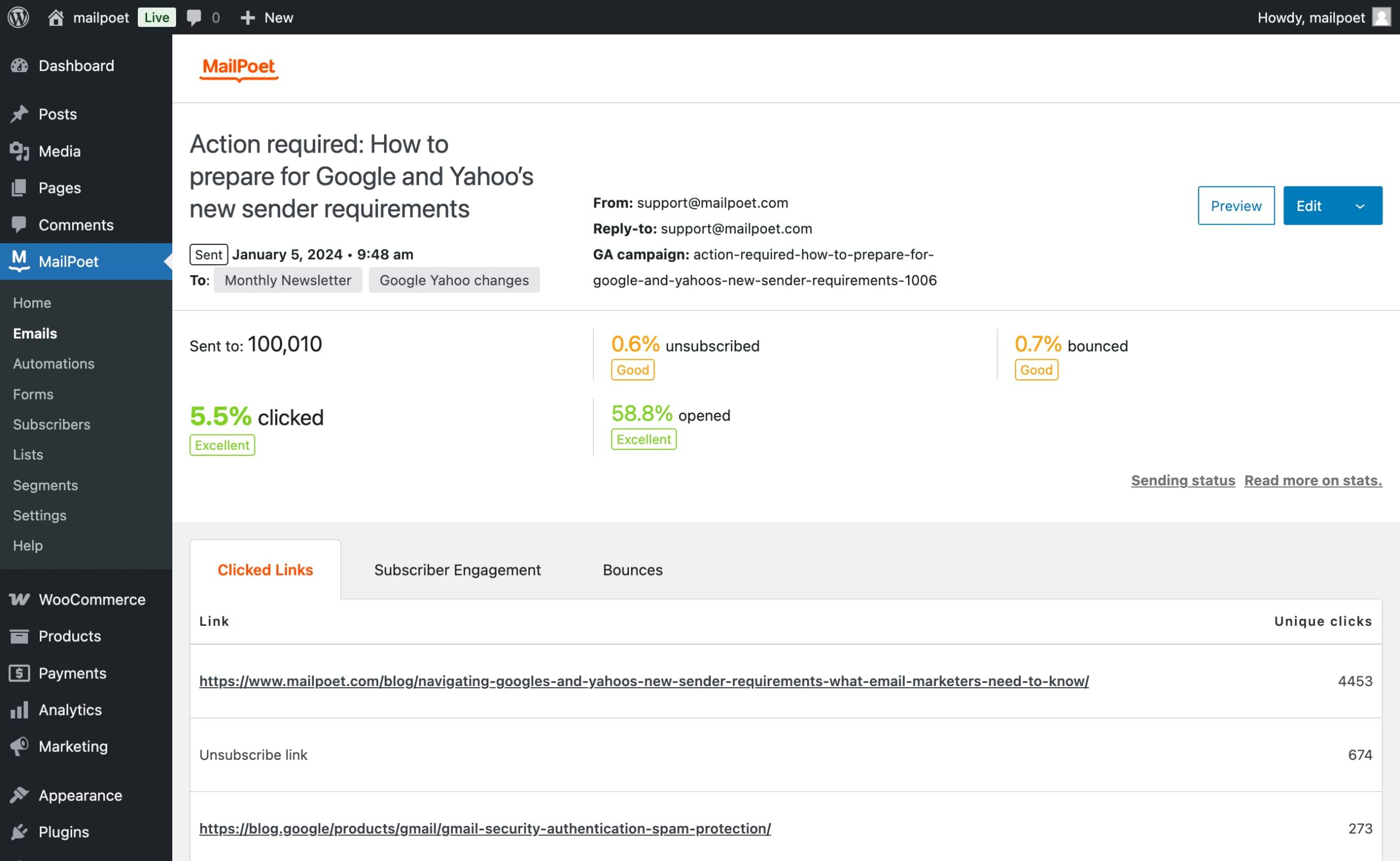 MailPoet detailed newsletter statistics showing open rate, click rate, and unsubscribe rate on a paid plan