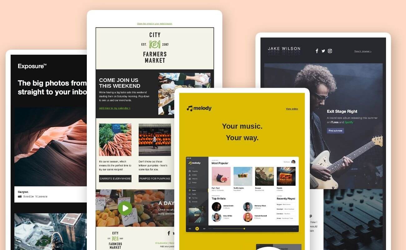 MailPoet sample newsletter templates showing several professionally designed email layouts including a travel newsletter, product promotion, and blog post digest