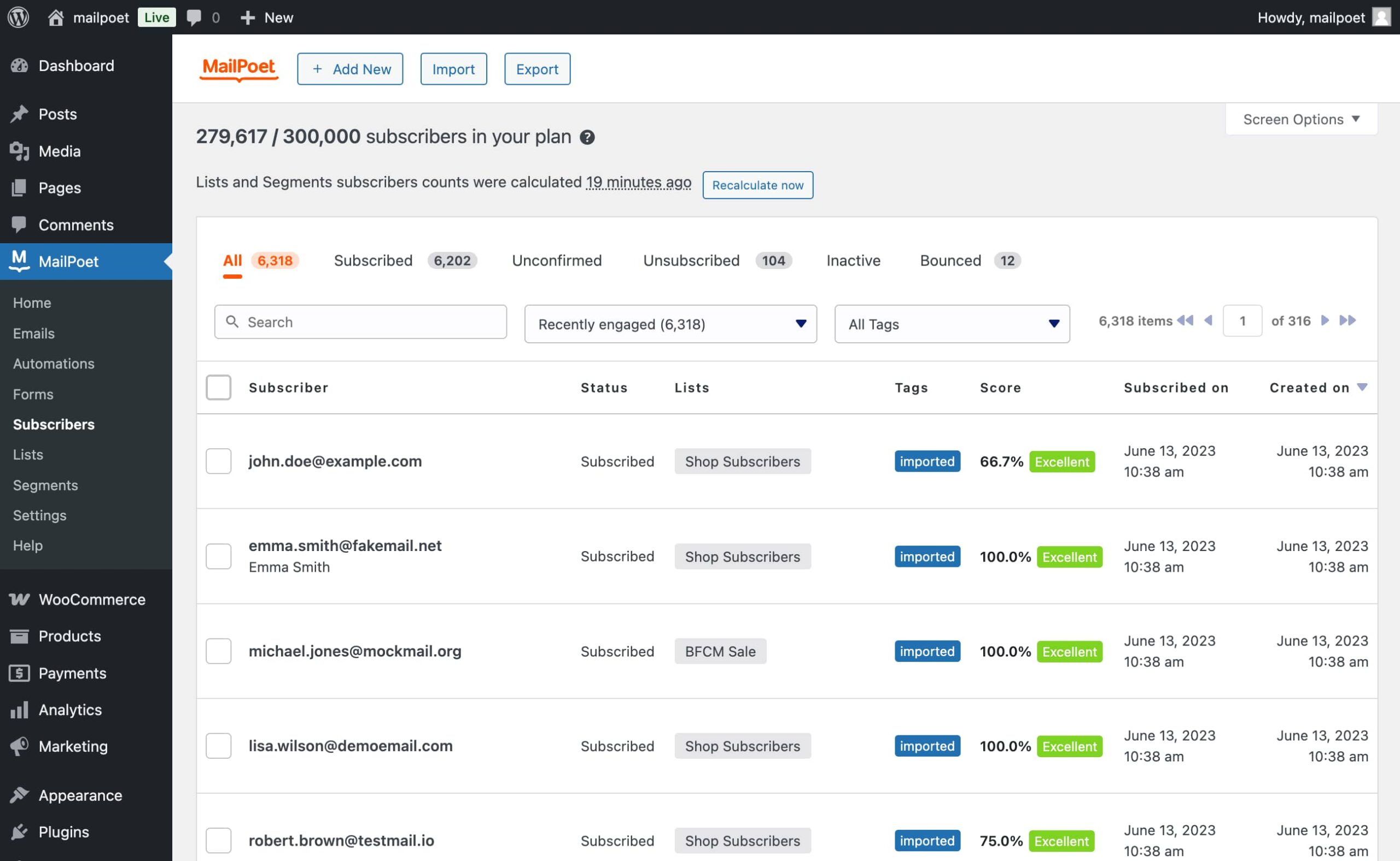 MailPoet subscriber import screen with options to import from a CSV file or directly from Mailchimp