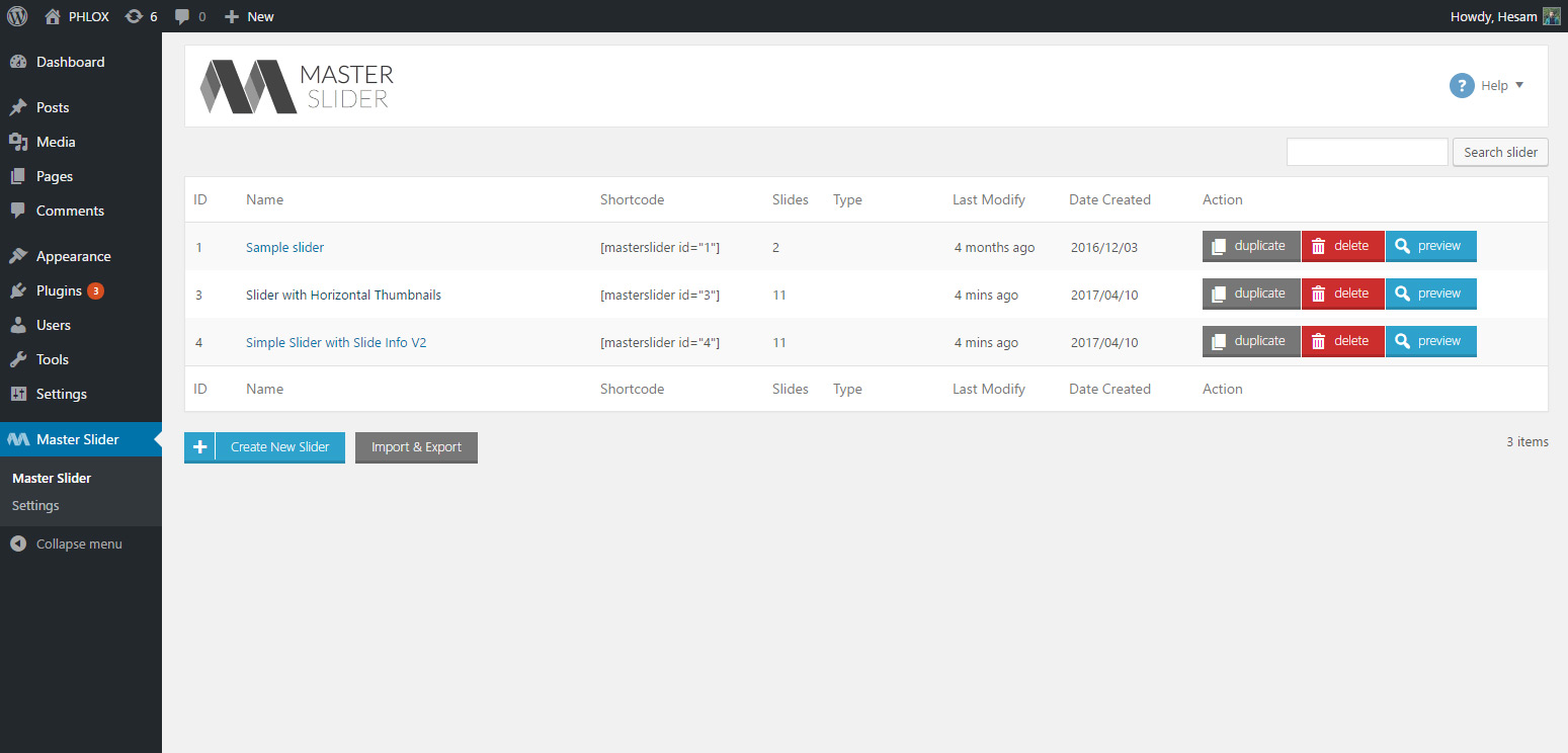Master Slider sliders listing table in WordPress admin