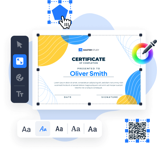 MasterStudy LMS certificate builder showing the drag-and-drop template editor with customizable fields for student name, course name, completion date, and QR verification code
