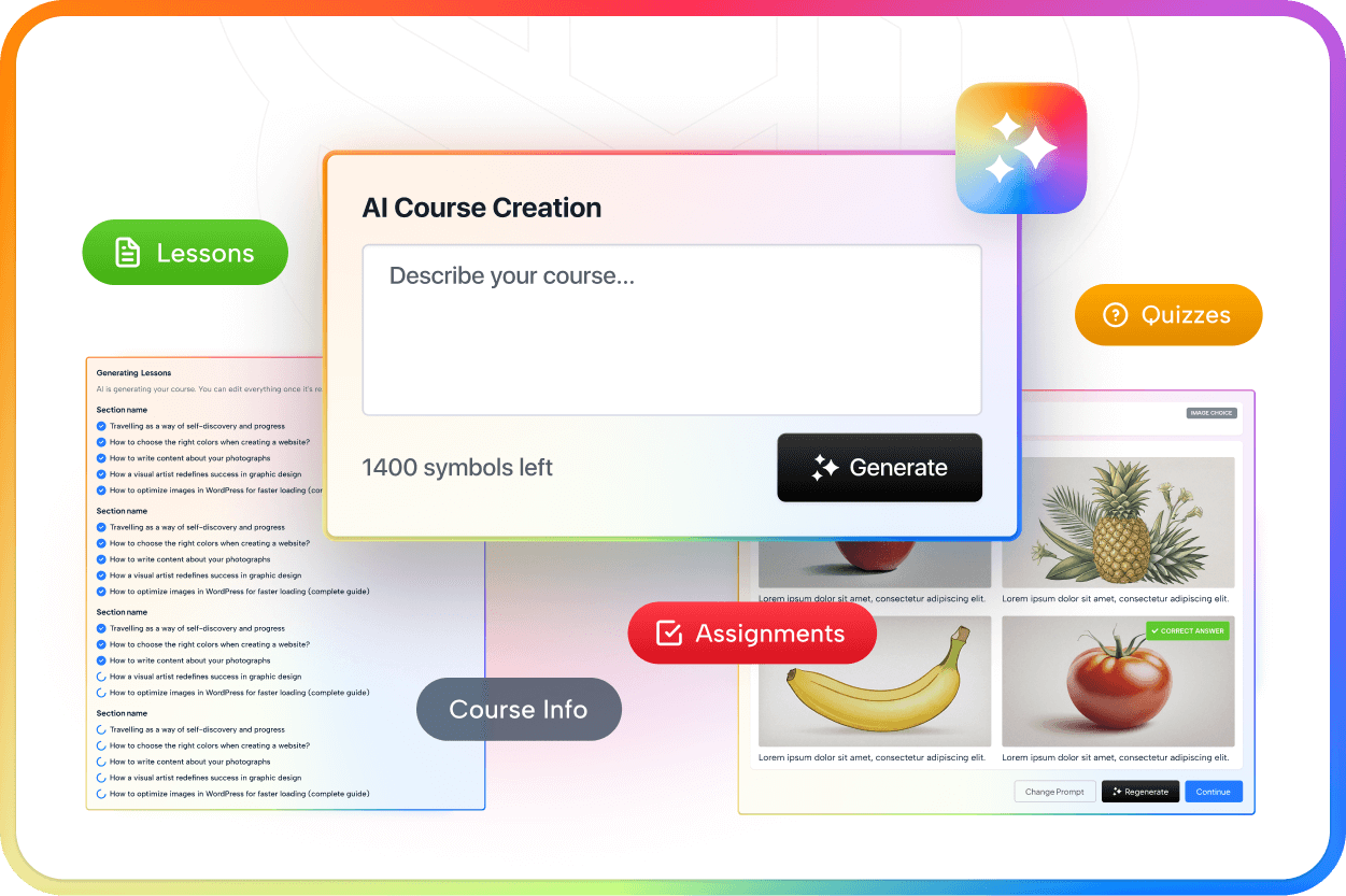 MasterStudy LMS course builder admin interface showing the drag-and-drop curriculum builder with lesson and quiz organization, the AI Lab content generation panel, and the dark-mode course player preview