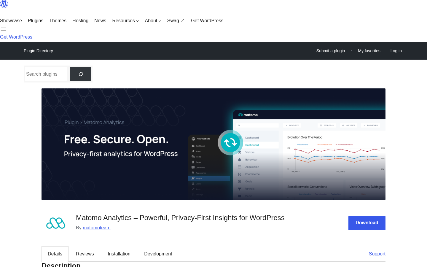 Matomo Analytics plugin listing on WordPress.org showing 100,000+ active installs, 4.6-star rating from 177 reviews, version 5.12.1, tested up to WordPress 7.0.4.