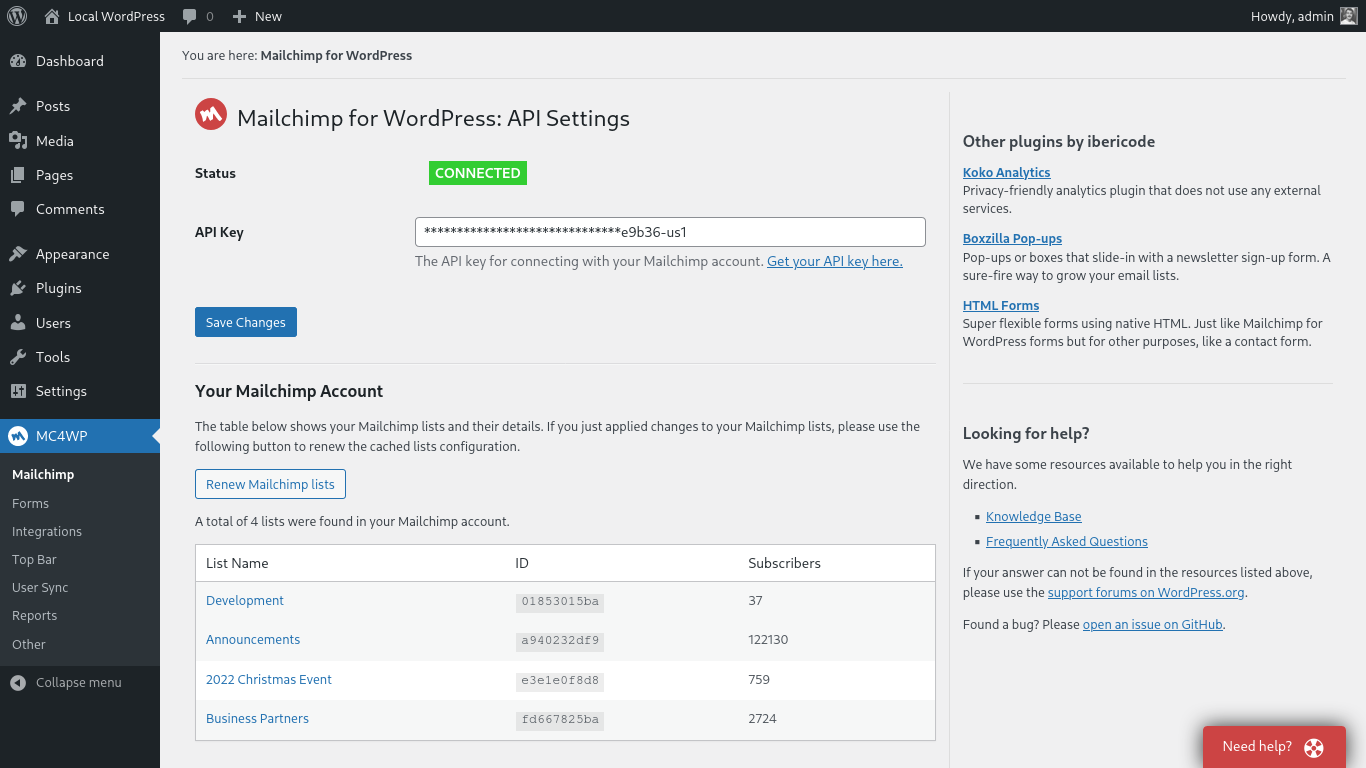 MC4WP settings page showing the Mailchimp API key connection field and a connected status indicator