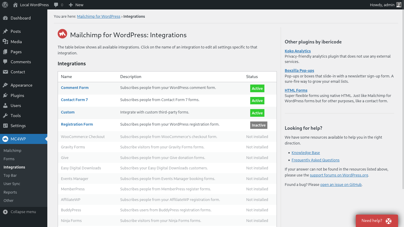 MC4WP integrations overview page showing available plugin integrations including WooCommerce, Contact Form 7, and Gravity Forms