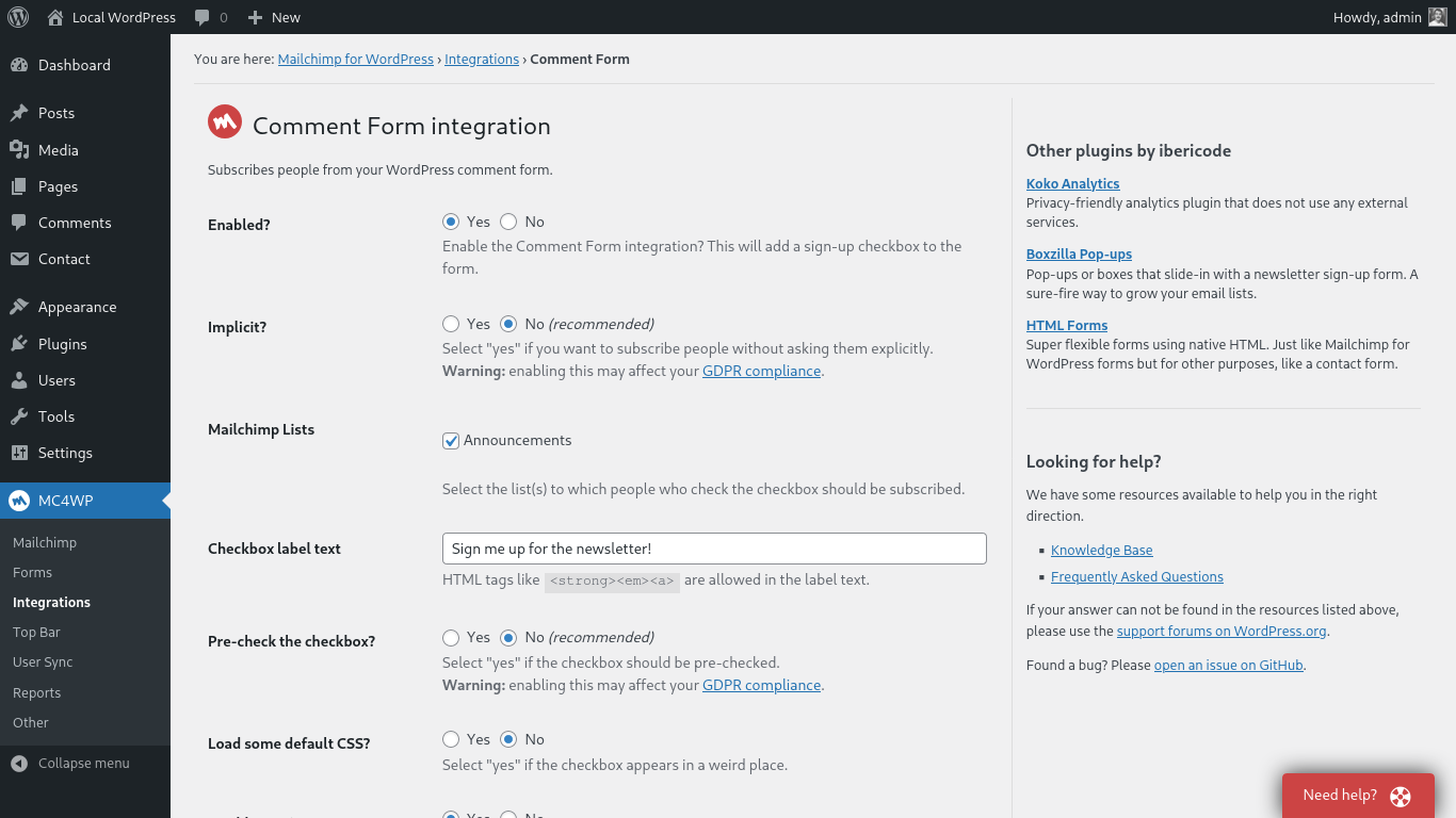 MC4WP integration configuration page showing audience selector, field mapping, and checkbox options for a specific form integration