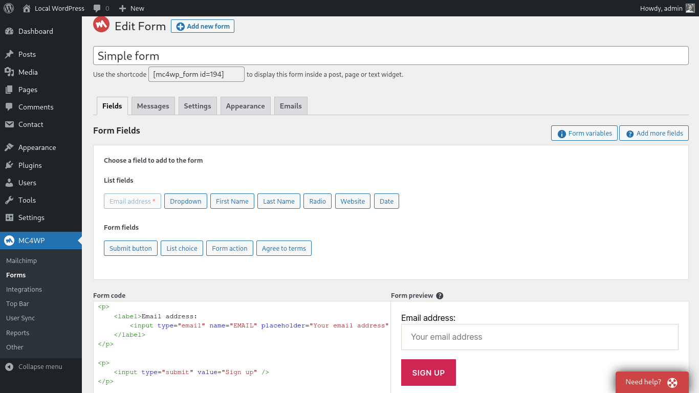 MC4WP form editor showing the HTML form code editor with field tags and a Mailchimp audience selector