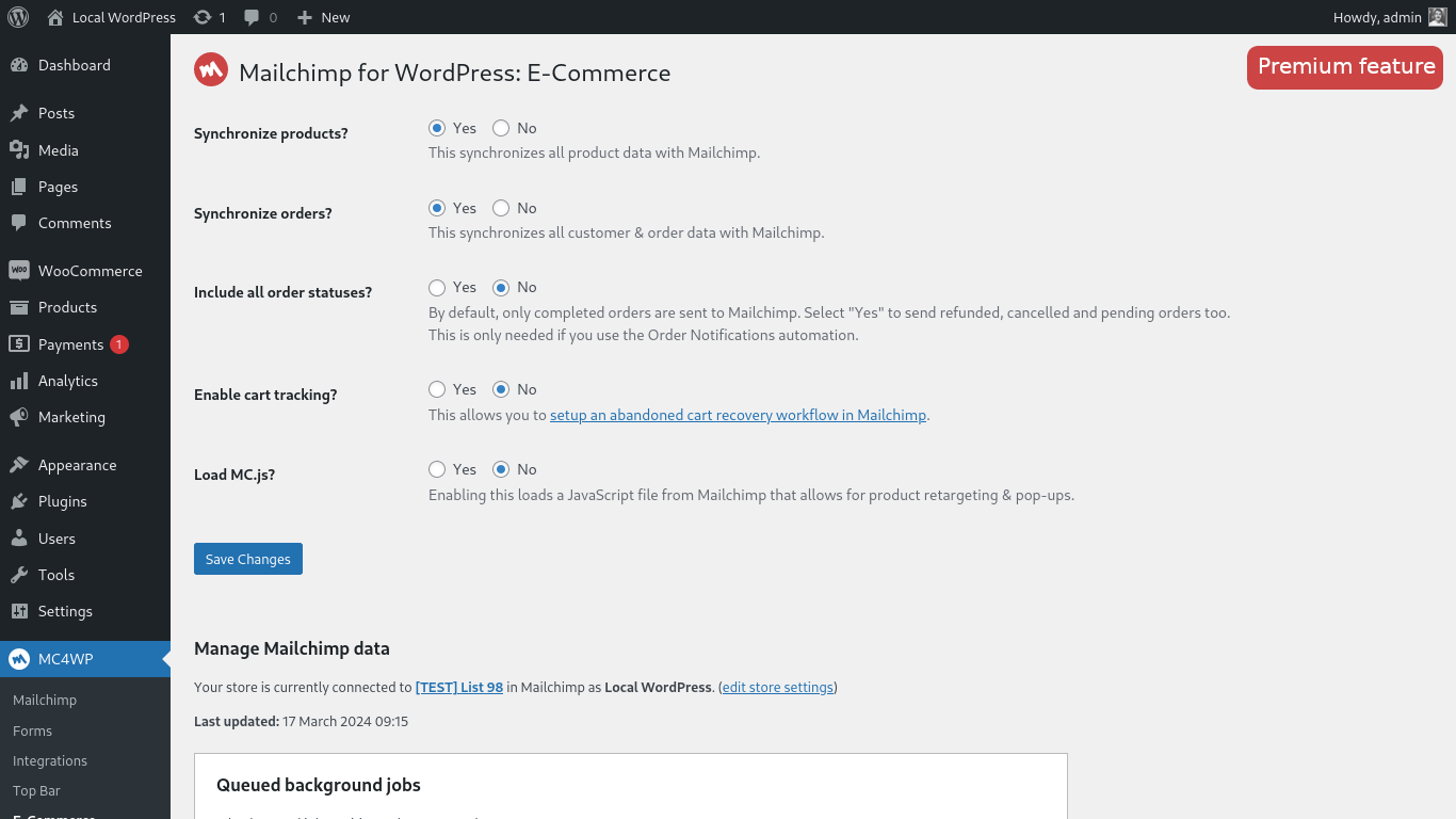 MC4WP e-commerce settings page showing WooCommerce store connection and Mailchimp audience sync options