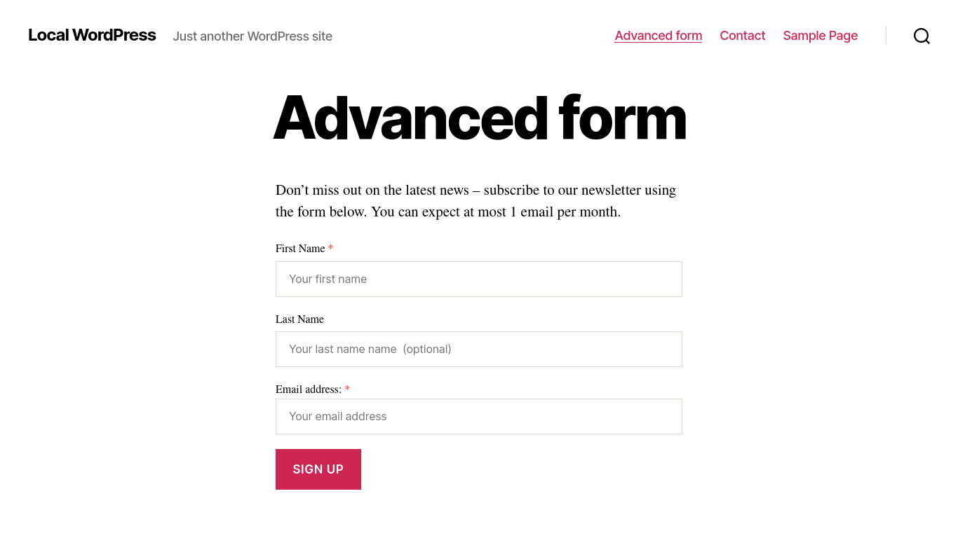 MC4WP sign-up form displayed in the TwentyTwenty WordPress theme showing a clean subscription form with name and email fields