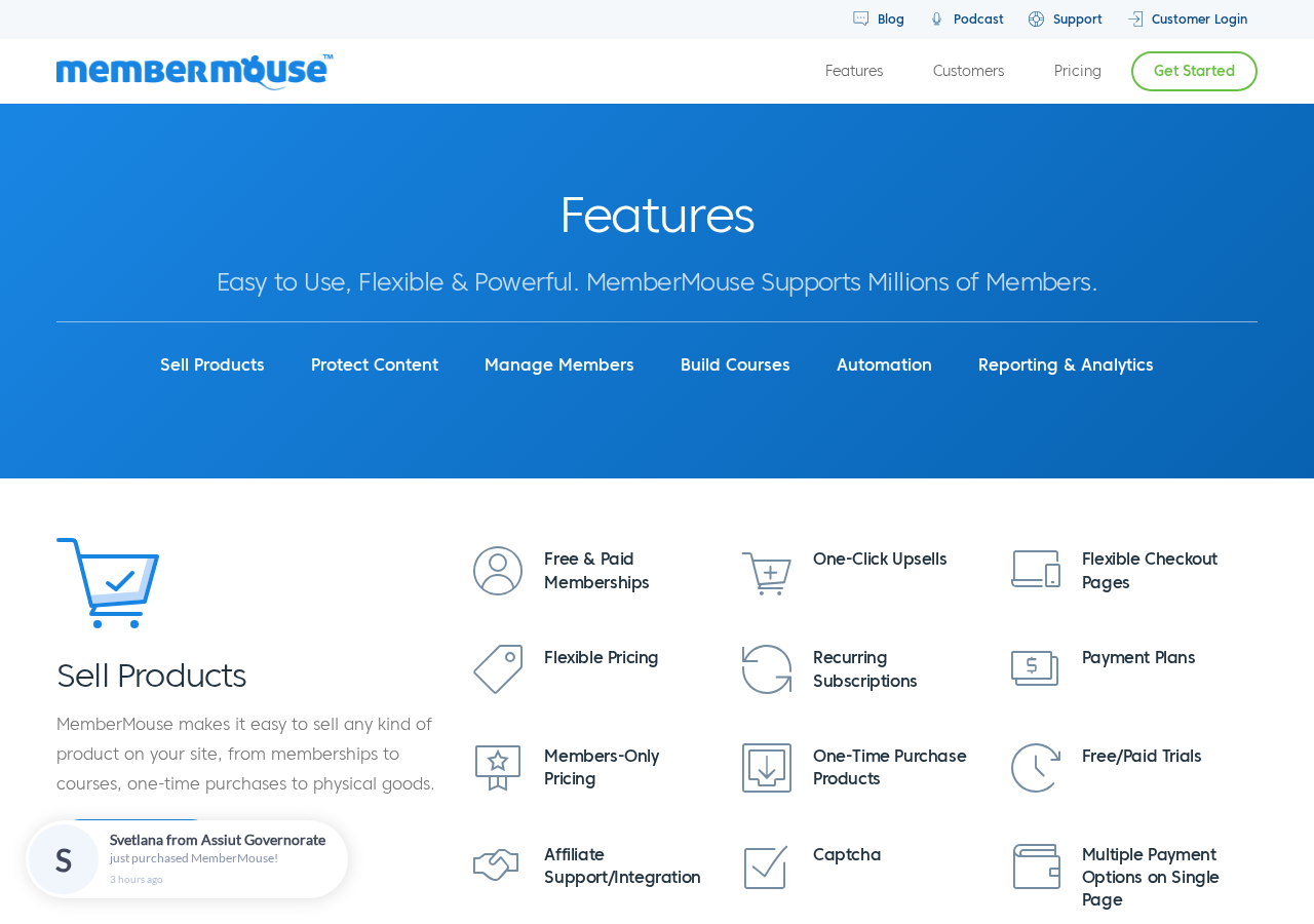 MemberMouse features page showing the product core capability areas: Sell Products, Protect Content, Manage Members, Courses, Automation, and Reporting and Analytics.