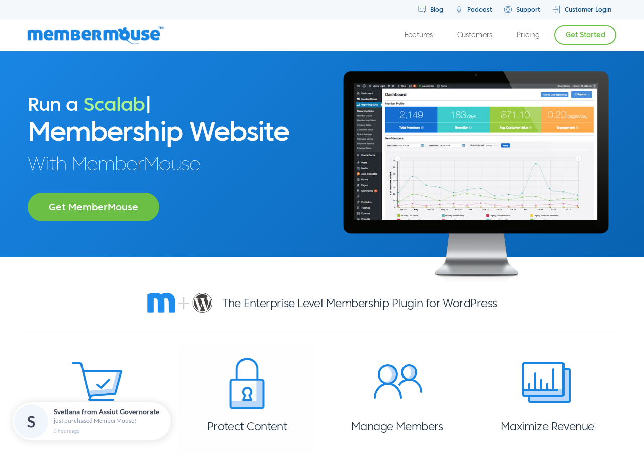 MemberMouse homepage showing the headline 'Run a Powerful Membership Website With MemberMouse' and the four feature pillars: Sell Your Products, Protect Content, Manage Members, Maximize Revenue.