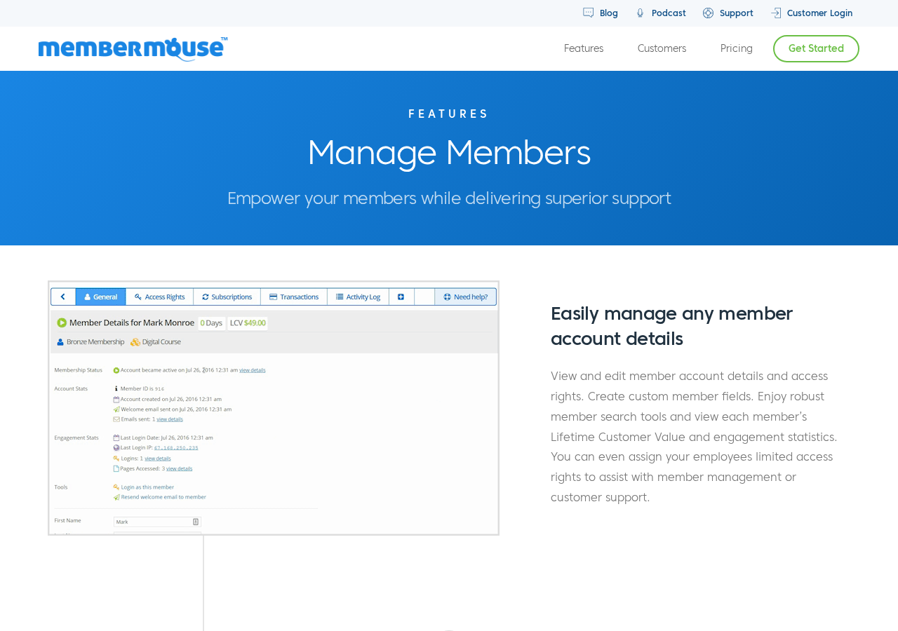MemberMouse 'Manage Members' features page listing capabilities including member activity log, engagement statistics, self-service account management, employee accounts, and automated overdue payment handling.
