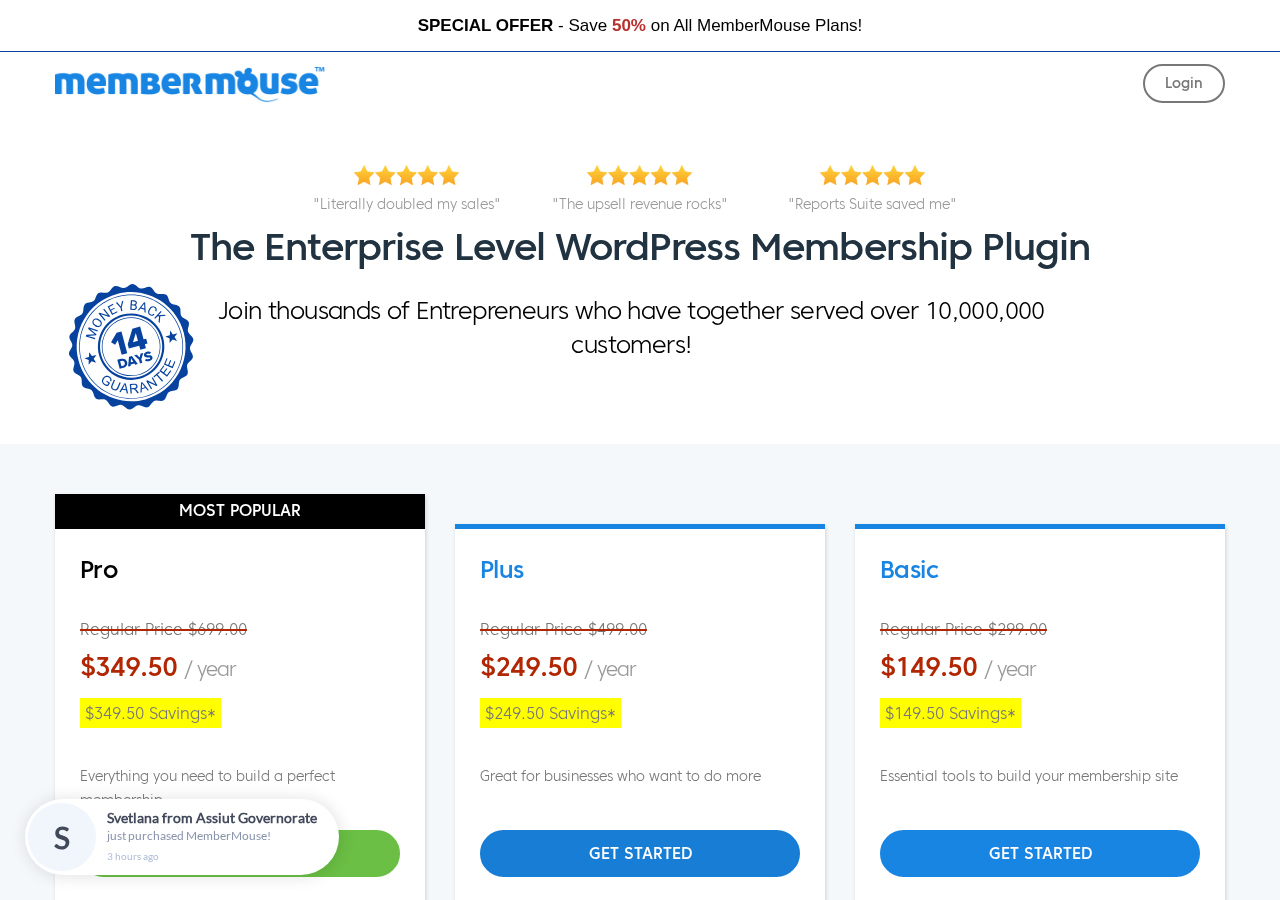 MemberMouse pricing page showing three annual plans: Pro at $349.50/year (introductory), Plus at $249.50/year, and Basic at $149.50/year, with a 50% off banner.
