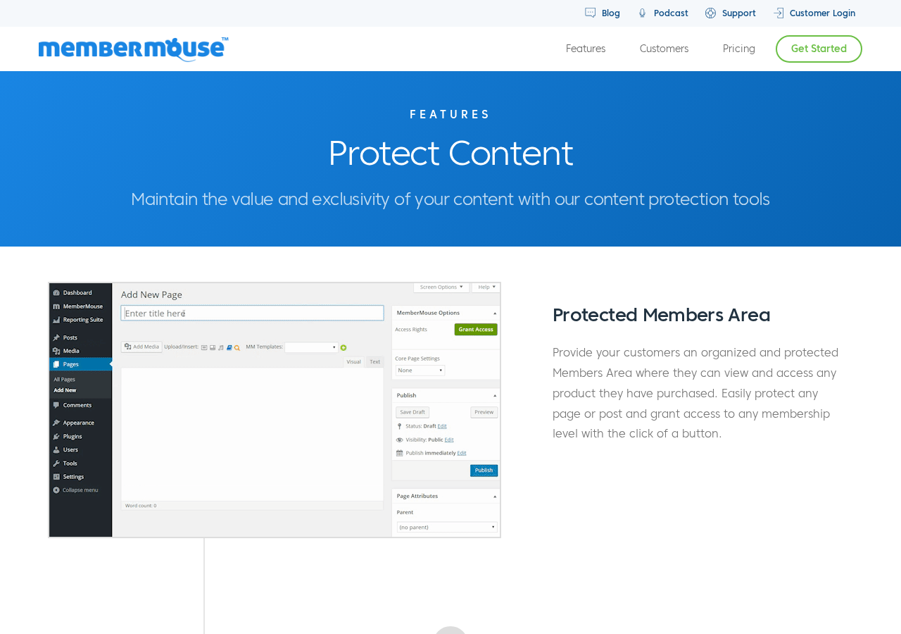 MemberMouse 'Protect Content' features page showing the list of content protection tools including Protected Members Area, Drip Content, SmartTags, Limit Login Attempts, and Auto-lock Shared Accounts.