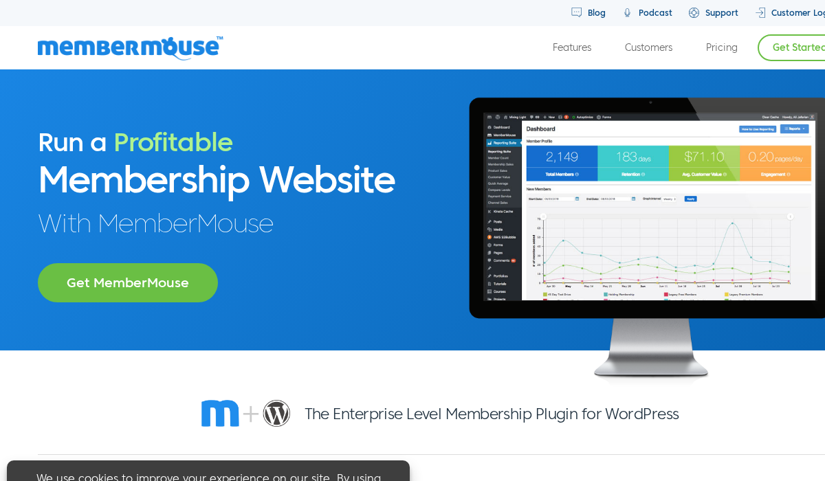 MemberMouse official website showing advanced membership analytics, retention tools, and click-to-upgrade features for high-volume membership businesses