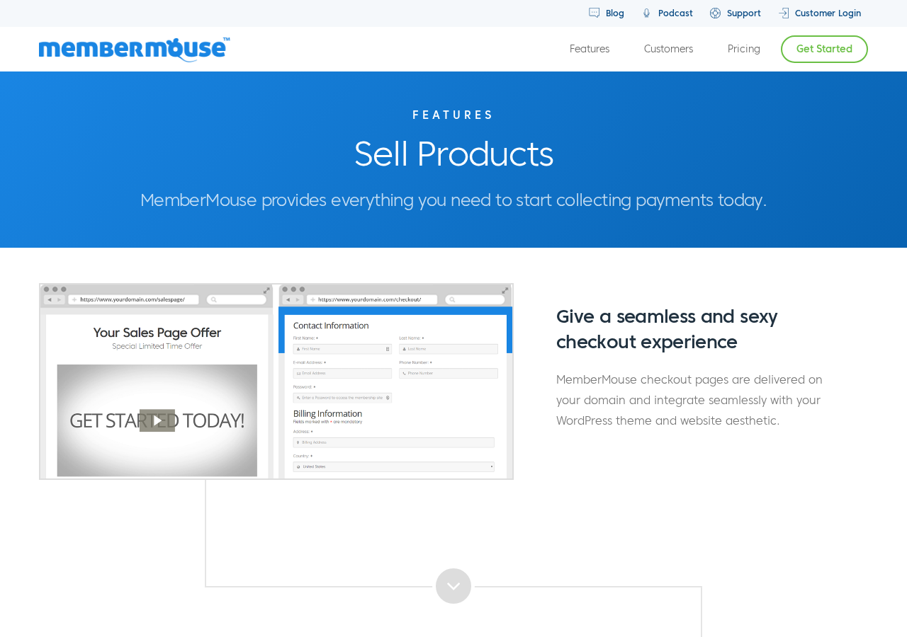 MemberMouse 'Sell Products' features page listing selling capabilities including 1-click upsells, SmartTags personalization, flexible checkout, recurring subscriptions, and payment plan options.