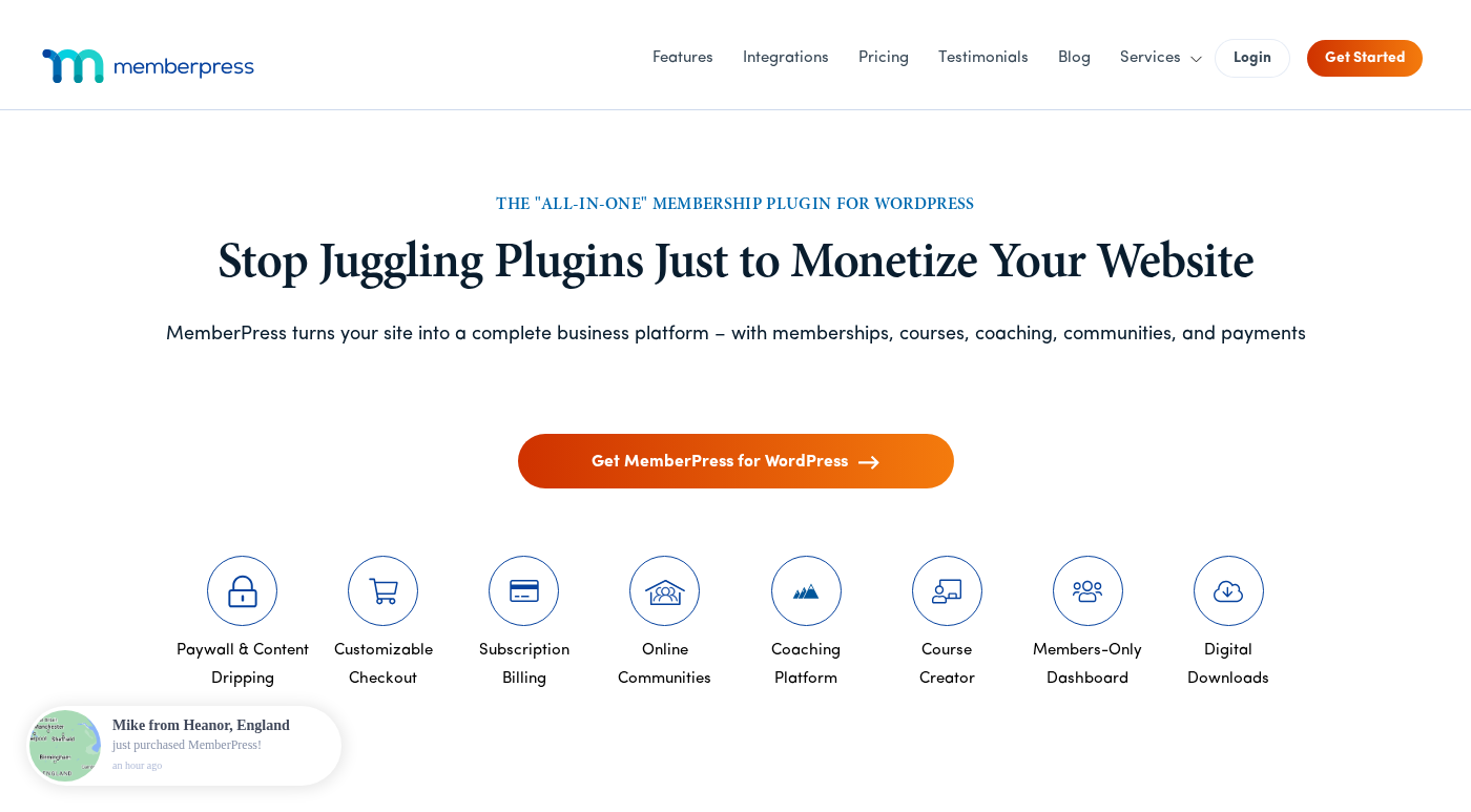 MemberPress homepage showing the navigation bar, the label The All-In-One Membership Plugin for WordPress, the main headline Stop Juggling Plugins Just to Monetize Your Website, a subheadline describing the platform as covering memberships, courses, coaching, communities, and payments, a Get MemberPress for WordPress call-to-action button, and a row of eight feature icons including Paywall and Content Dripping, Customizable Checkout, Subscription Billing, Online Communities, Coaching Platform, Course Creator, Members-Only Dashboard, and Digital Downloads