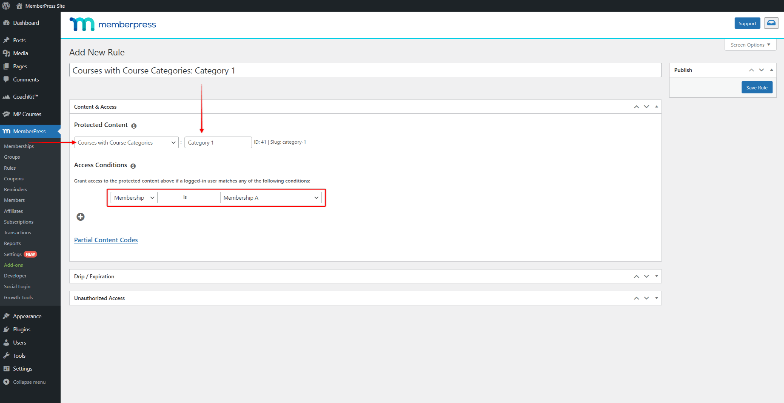MemberPress Rules interface in the WordPress admin showing an Add New Rule screen with protected content set to a course category, access conditions set to a membership, and collapsed Drip Expiration and Unauthorized Access panels below
