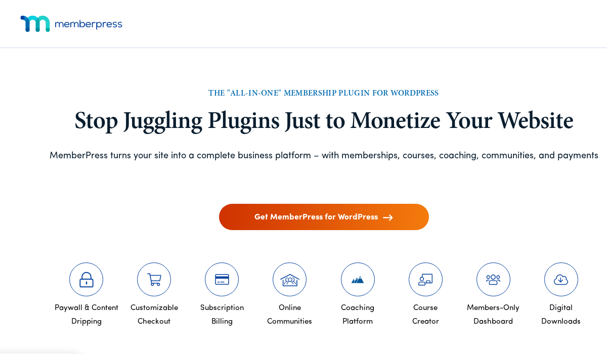 MemberPress official website showing membership plugin features, pricing plans, and content restriction capabilities