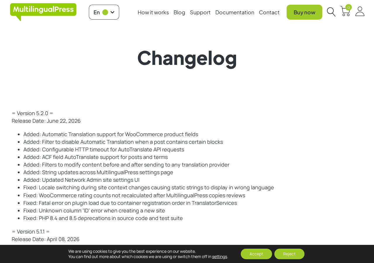 MultilingualPress changelog showing version 5.2.0 released June 2026