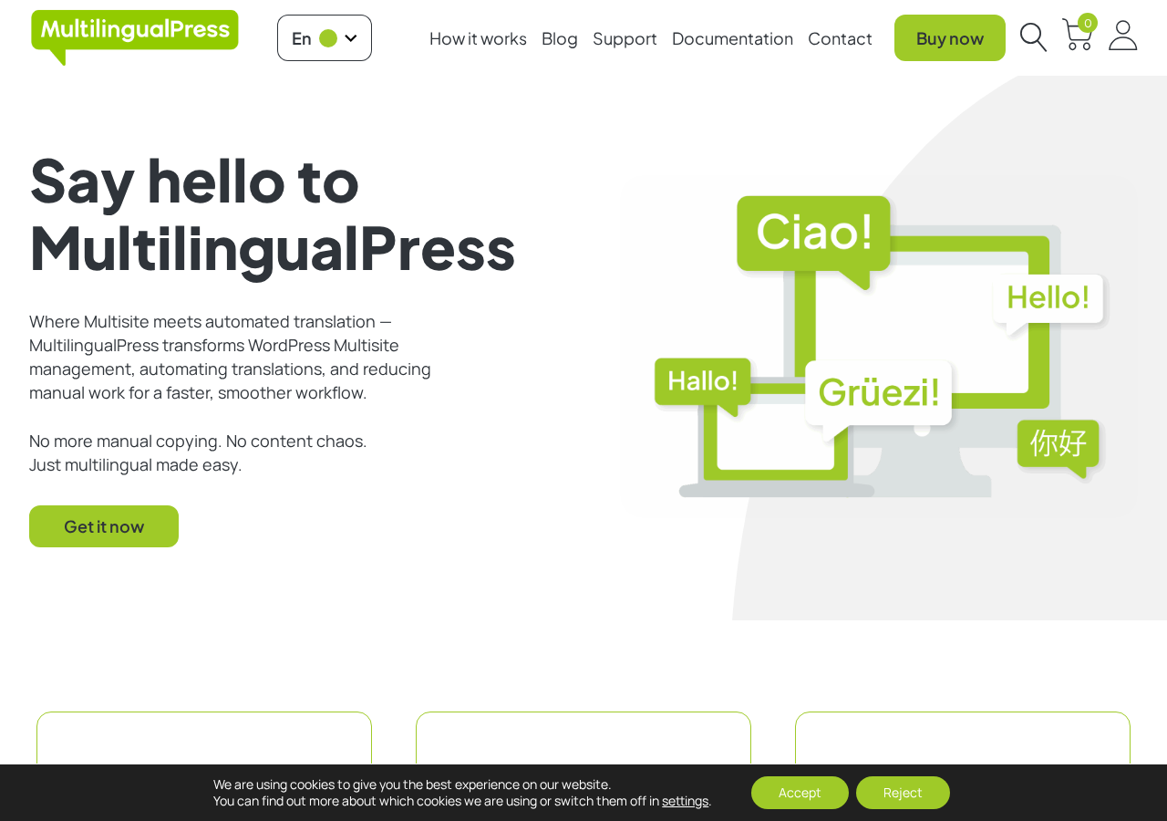 MultilingualPress setup flow: choose translator engine, create language site, translate in editor
