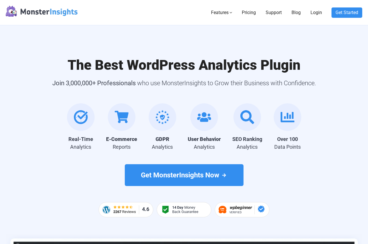 MonsterInsights plugin homepage on monsterinsights.com showing the headline The Best WordPress Analytics Plugin, the 3 million users social proof badge, trust logos including Microsoft Bloomberg and PlayStation, and a call to action to get MonsterInsights.