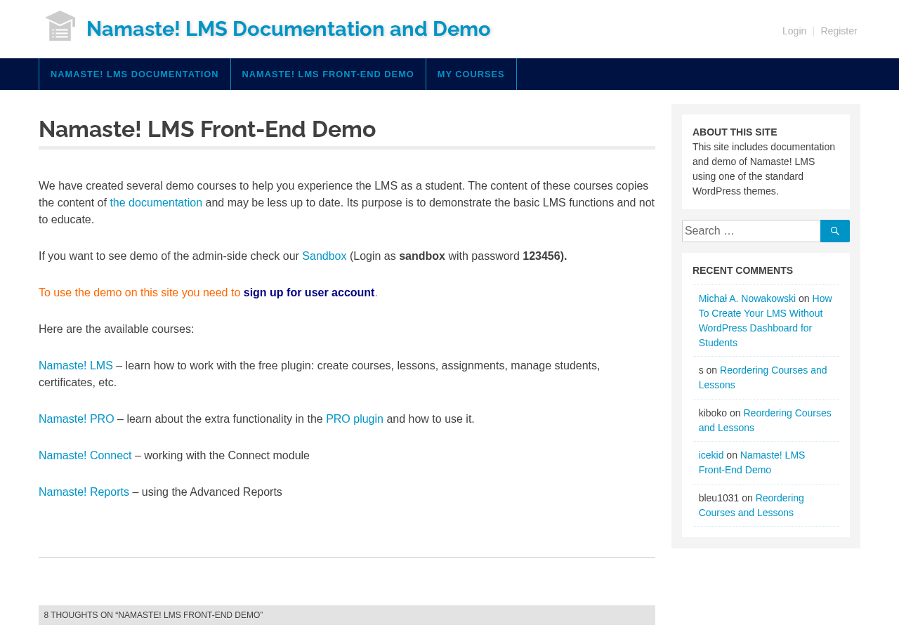 Namaste! LMS front-end demo showing available courses: Namaste! LMS (core plugin tutorial), Namaste! PRO, Namaste! Connect, and Namaste! Reports, on the official Namaste! LMS Documentation and Demo site.