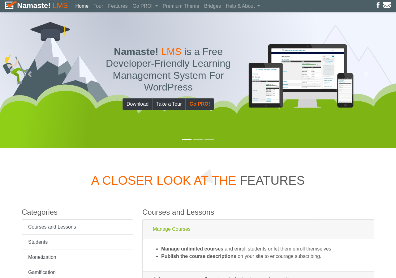 Namaste! LMS official website homepage showing the headline 'Namaste! LMS is a Free Developer-Friendly Learning Management System For WordPress' with course, lesson, and student management features visible.