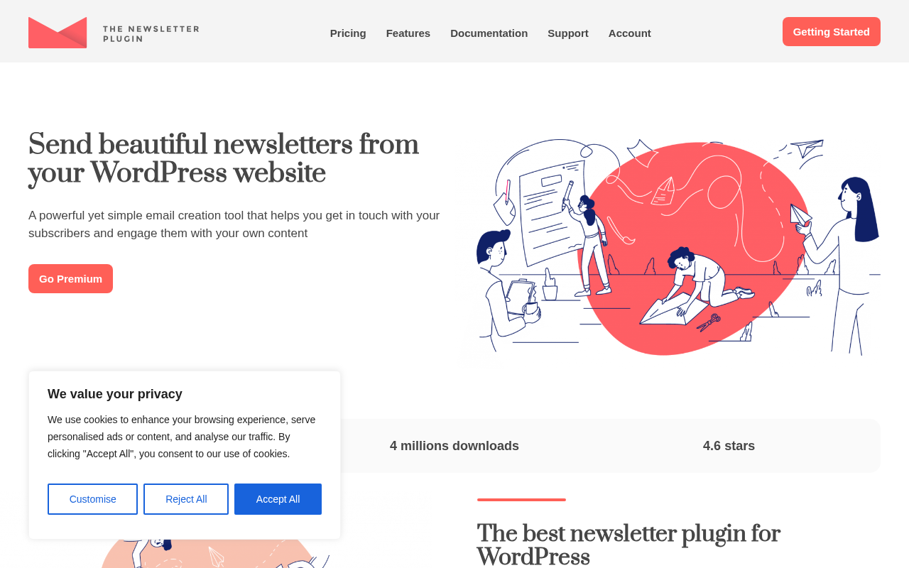 The Newsletter Plugin homepage showing the headline Send beautiful newsletters from your WordPress website with 4 million downloads and 4.6 star rating stats