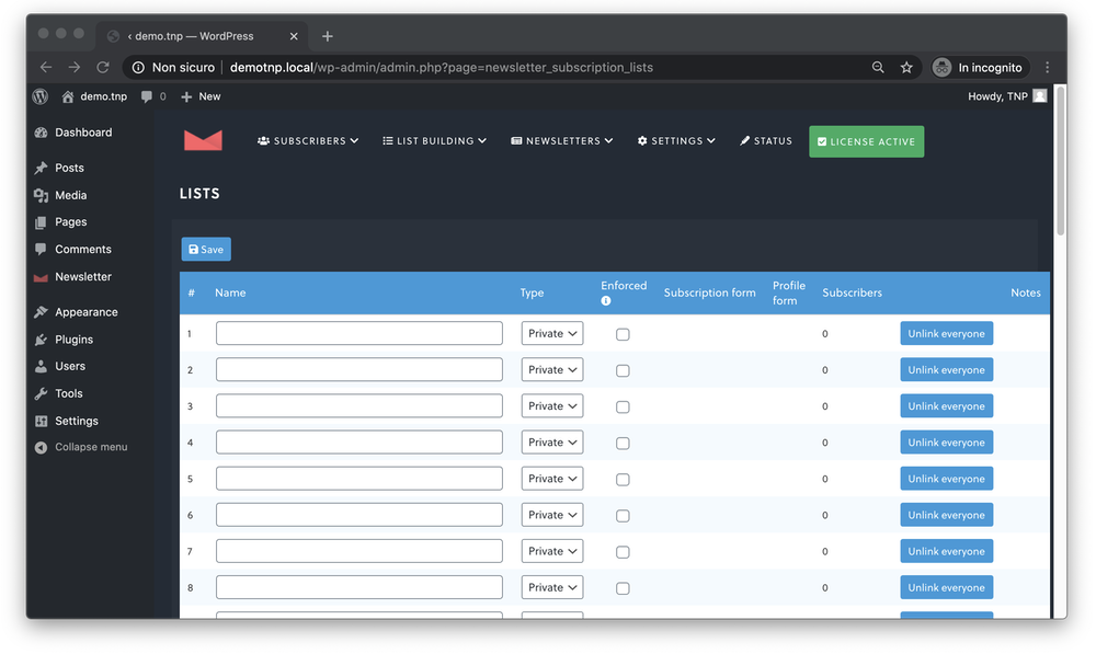 The Newsletter Plugin Lists management screen in the WordPress admin showing eight list rows with columns for Name, Type (Private), Enforced checkbox, Subscription form, Profile form, Subscribers count, and Notes, with the dark-themed top navigation bar containing Subscribers, List Building, Newsletters, Settings, Status, and License Active buttons. Source: thenewsletterplugin.com documentation.
