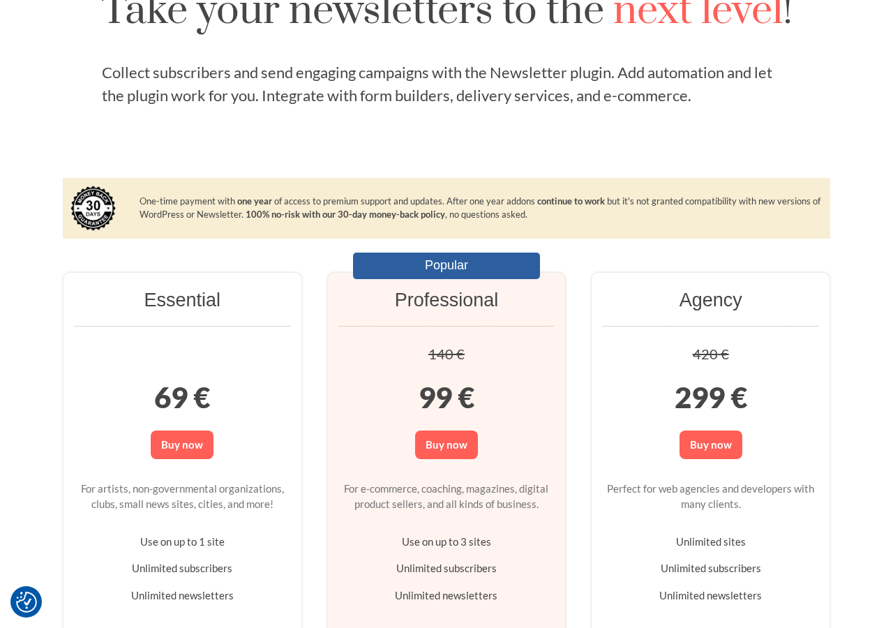 The Newsletter Plugin pricing page showing three plans: Essential at 69 EUR (1 site), Professional at 99 EUR discounted from 140 EUR (3 sites, Popular label), and Agency at 299 EUR discounted from 420 EUR (unlimited sites), with the 30-day money-back guarantee badge.
