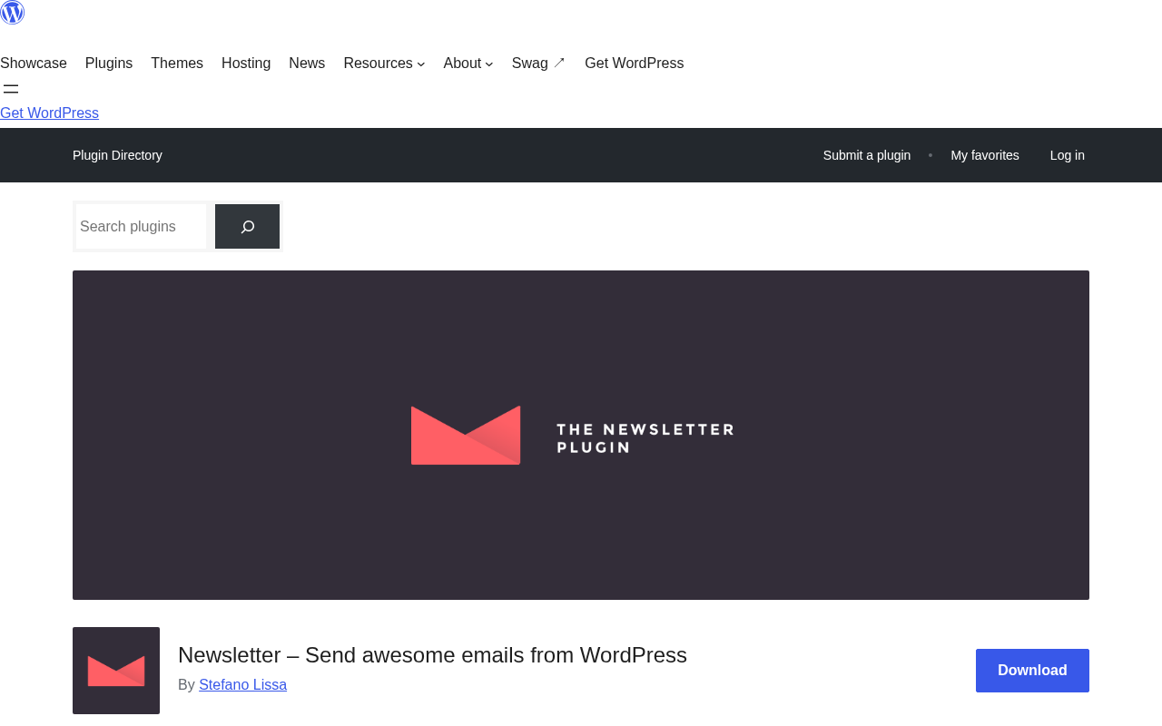 WordPress.org listing for the Newsletter Plugin showing the branded header with the red envelope logo and the title Newsletter - Send awesome emails from WordPress by Stefano Lissa, with a Download button and 200,000+ active installations.