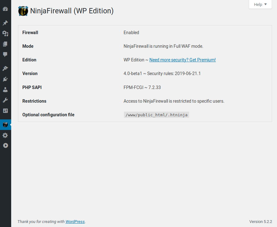 NinjaFirewall dashboard in the WordPress admin showing the firewall overview status page with the firewall status indicator, current security rules version, blocked request counts, and the main navigation tabs for Event Log, File Guard, File Check, and Login Protection