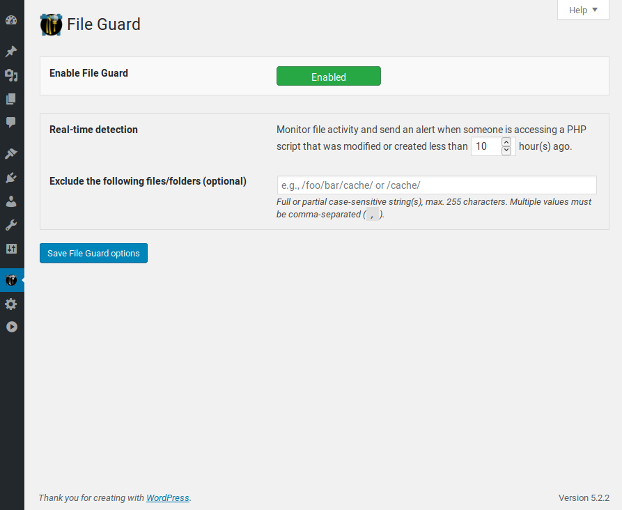 NinjaFirewall File Guard settings screen showing the real-time file modification detection configuration with directory monitoring options for WordPress core, plugin, and theme files and email notification settings