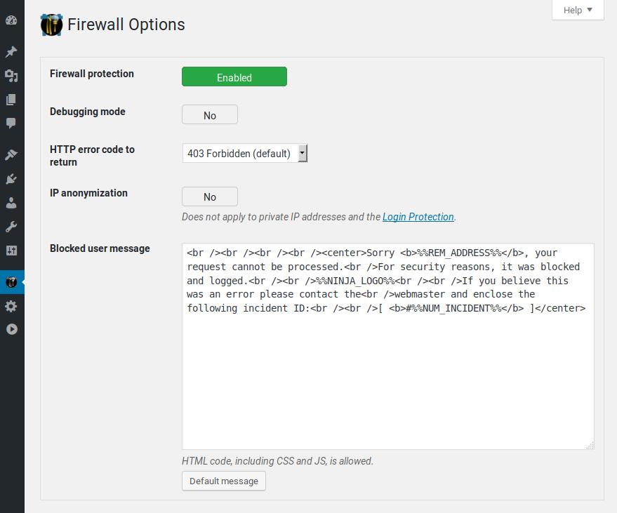 NinjaFirewall Firewall options page showing the HTTP variable inspection configuration with checkboxes for GET, POST, COOKIE, HTTP headers, and file uploads, along with policy settings for handling suspicious requests