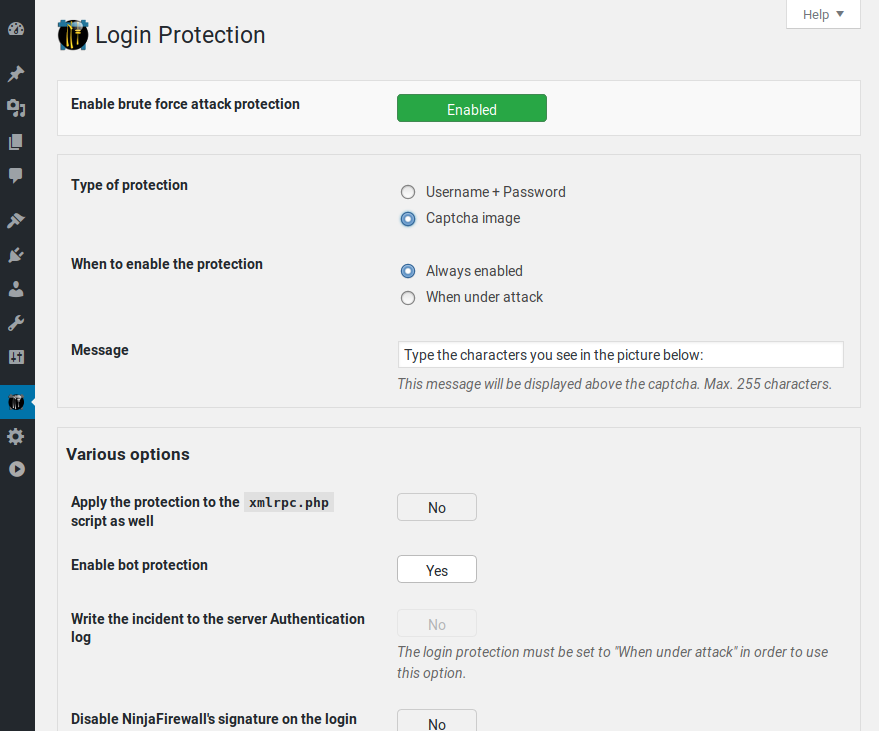 NinjaFirewall Login Protection settings screen showing the brute-force attack protection configuration with fields for maximum failed login attempts, lockout duration, and trusted IP address settings