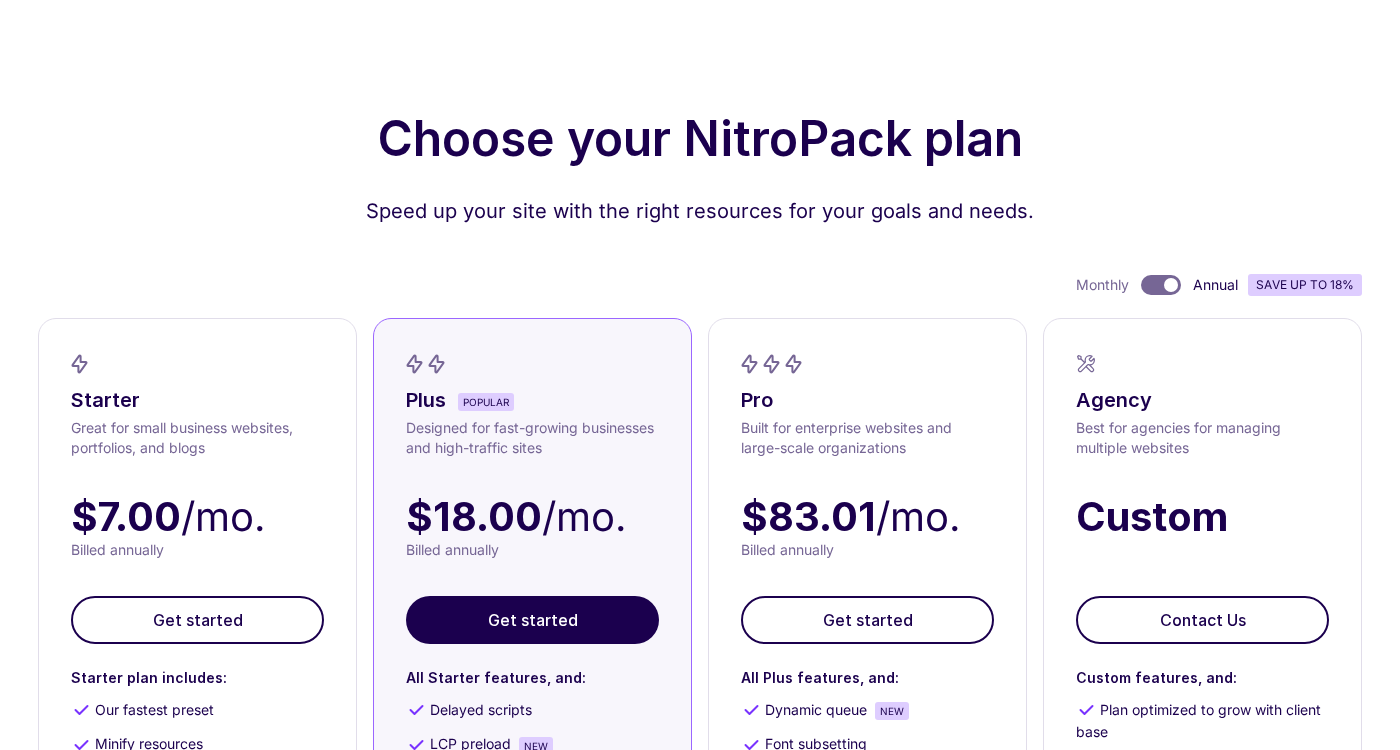 NitroPack pricing plans: Free at 0 dollars, Starter at 7 dollars per month, Plus at 18 dollars per month, Pro at 83 dollars per month, billed annually
