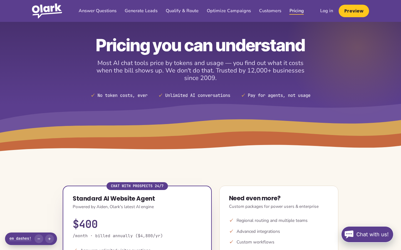 Olark pricing page showing AI Website Agent at $400/month and human-only live chat at $29 per agent per month