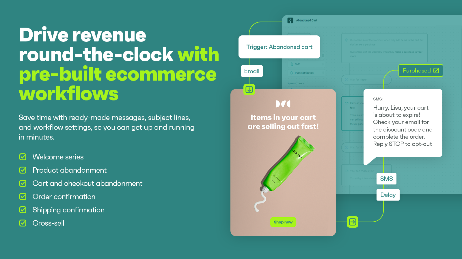 Omnisend email marketing and SMS dashboard showing ecommerce automation campaign performance and subscriber metrics