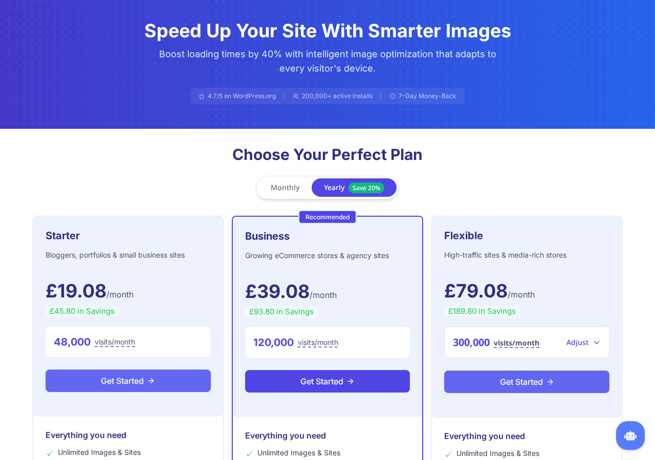 Optimole pricing page showing three plan cards: Starter at 19.08 GBP per month on yearly billing covering 48,000 visits per month; Business at 39.08 GBP per month on yearly billing covering 120,000 visits per month marked as Recommended; Flexible at 79.08 GBP per month on yearly billing covering 300,000 visits per month with an Adjust slider. Each plan shows savings compared to monthly billing.