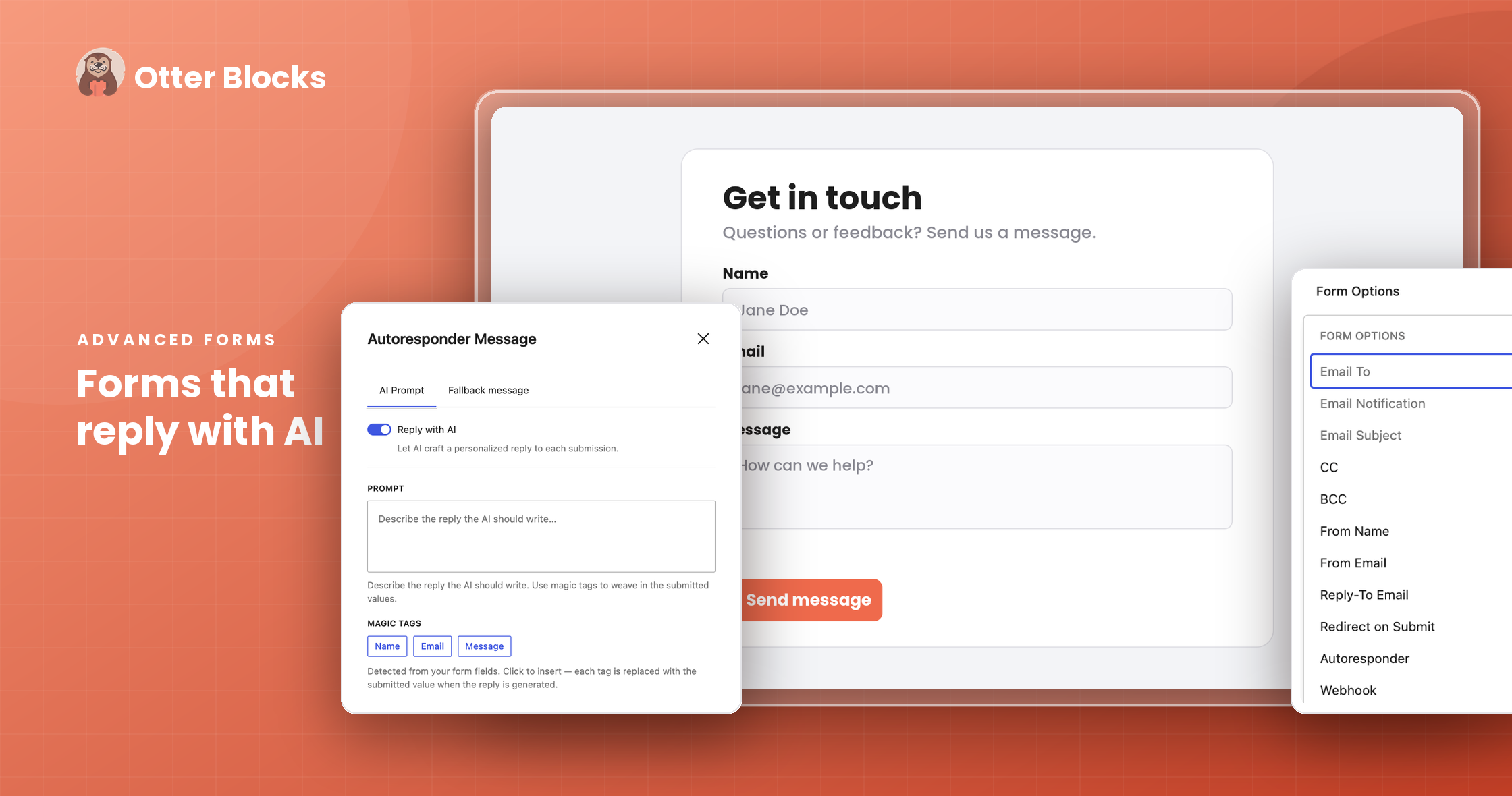Otter Blocks advanced contact form block with field customization options in the WordPress block editor